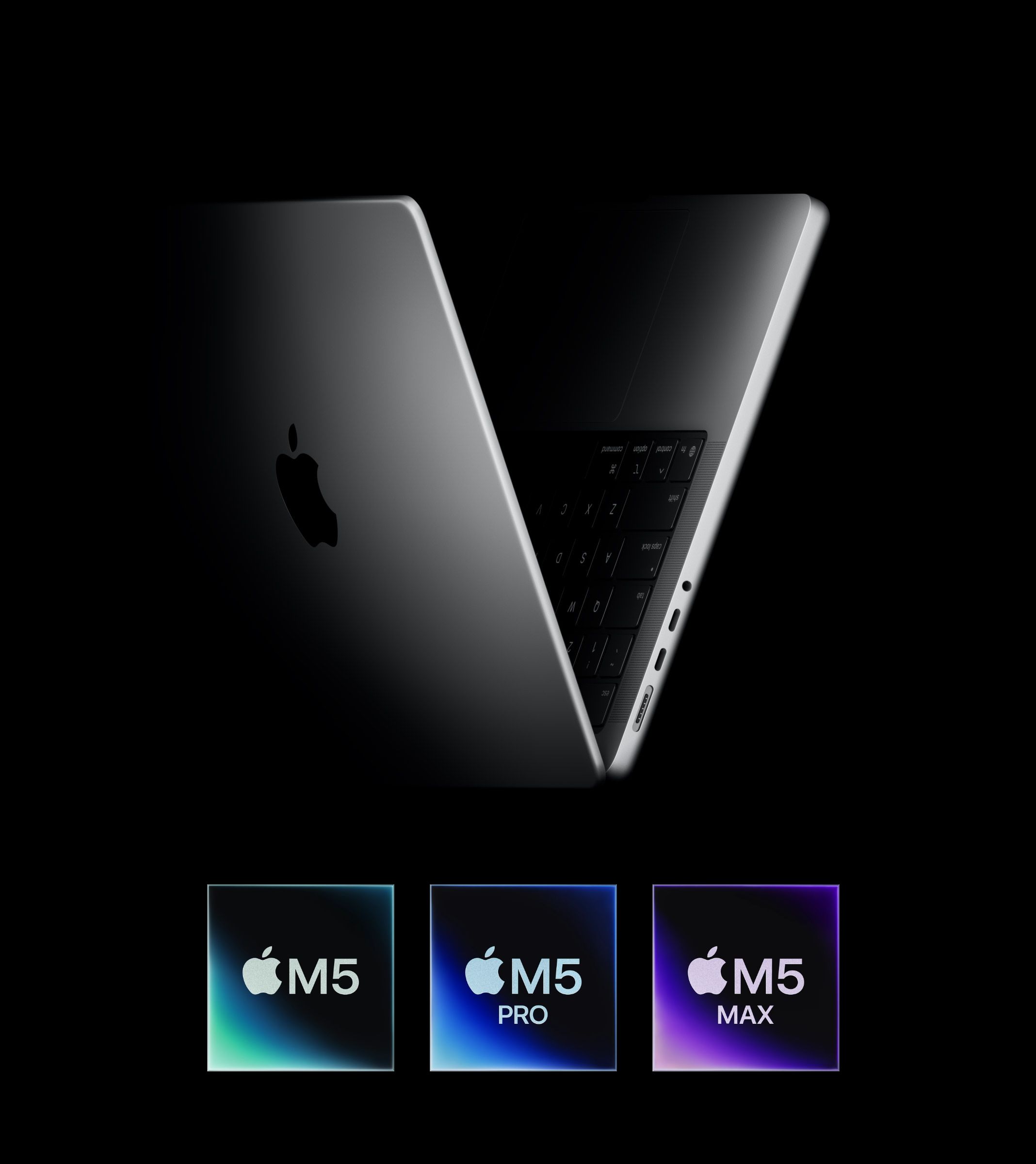 MacBook Pro abierto en forma de V, con los nuevos chips M5, M5 Pro y M5 Max